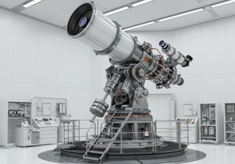 Telescope in observatory for space exploration, astrological research in astronomical science laboratory, futuristic astronomical equipment for universe studying.