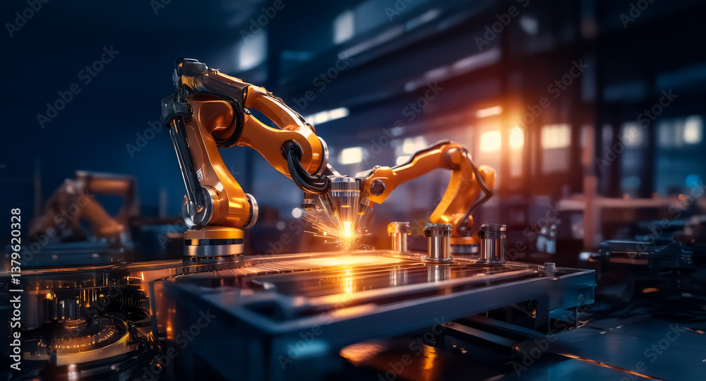 Leinwandbilder a robotic arm skillfully welds metal components in a factory setting, generating bright sparks as pa