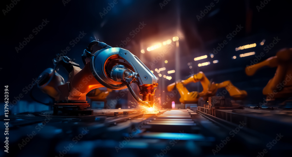 Leinwandbilder robotic arms perform tasks in a dimly lit factory illuminated by bright orange and blue lights. spar