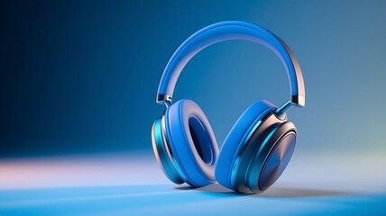 Silver and Blue Noise-Canceling Headphone on Right Side with Gradient Blue Background &ndash; High-Tech, Sleek, and Premium Audio Artwork