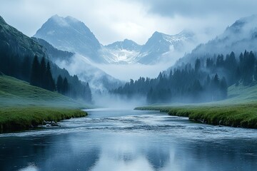 A serene landscape of mountains and a flowing river