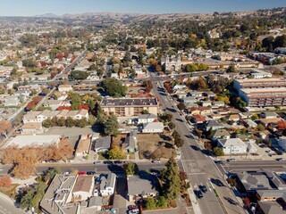Aerial view of a residential neighborhood in Hayward, California, USA. The photo captures the urban...