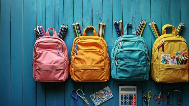 Colorful backpacks filled with school supplies on wooden planks, ready for a new school year. Ideal for back-to-school promotions