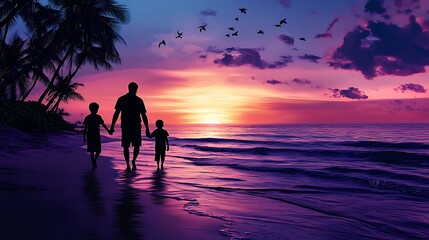 A photo realistic image of an father and a son walking hand-in-hand along the shoreline at sunset with sea beach and palm trees, blue and purple sky. A father's day concept.