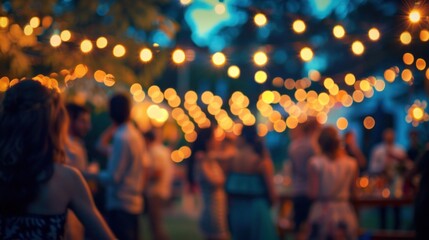Blurred summer party scene with glowing lights and celebrating people