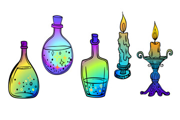 Set with old magic bottles and candles. Hand drawing sketch. Art line. Colorful Vector illustration. Retro style. Isolated on white background.