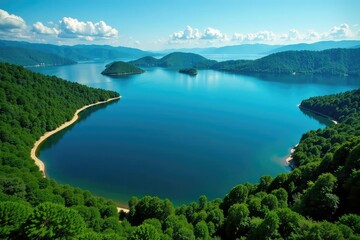 Obraz premium Irregular shaped lake with winding shoreline and islands, autumn, view
