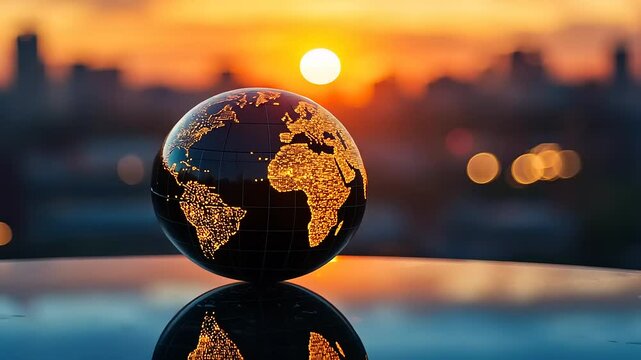 A stunning sunset view with a globe reflecting city lights, symbolizing global connectivity