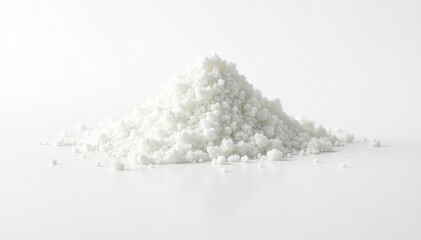 Pile of white granulated sugar on white background, sweetener, table sugar