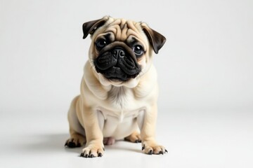 Playful pug looking directly at the camera, white backdrop, pet portrait, pug