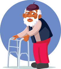 Elderly Man of African Ethnicity Uses Walking Frame Vector Illustration. Senior person with a disability suffers from older injuries  
