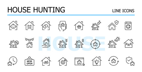 Looking for houses for sale and rent. Real estate. Properties and amenities. Vector icons set