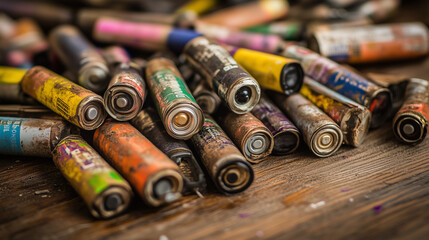 Close-up of used AA batteries scattered on wooden table with corroded terminals and faded labels, shallow depth of field f/2.8 highlighting environmental pollution and hazardous waste disposal concept
