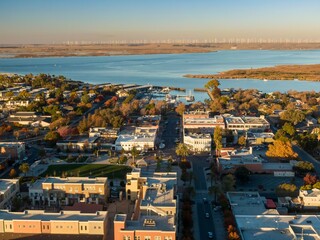 Aerial view of Pittsburg, California, USA, showcasing the town's layout, marina, and the distant...