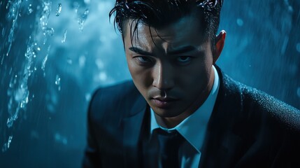 Intense Gaze: A Man in a Suit Underneath the Rain