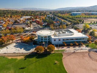 Aerial view of San Ramon City Hall, San Ramon, California, USA during autumn. The photo captures...