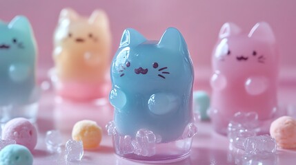 Pastel Cat Jellies: A Whimsical, Dreamy Dessert Scene
