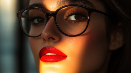 Close-up Portrait of a Woman with Red Lips and Glasses in Warm Light
