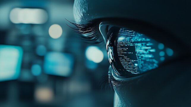 Close-up view of a human eye with digital data flowing through, showcasing a futuristic visual of technology and information processing