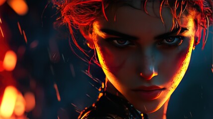 Fiery Gaze: A Digital Portrait of a Determined Warrior Woman