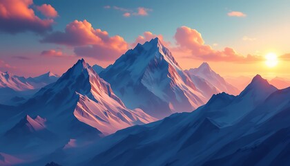Fototapeta premium Snowy Mountain Peaks at Sunrise with Pink Clouds and Golden Light