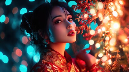 Enchanted Beauty: A Portrait of Elegance in Festive Lights