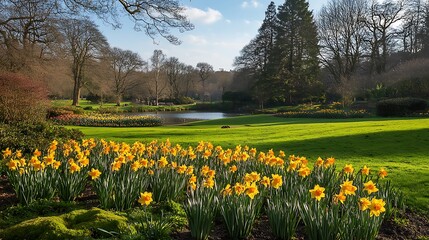Obraz premium Yellow Daffodils Blossom in Spring Park with Pond and Trees under Blue Sky