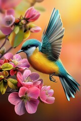 Fototapeta premium A spring bird alights delicately on vibrant flowers.