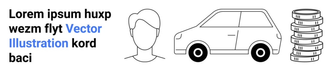 Head profile icon, compact car, stack of coins, text block. Ideal for user roles, transport services, finance, cost analysis, apps digital content simple landing page