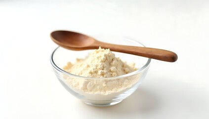 Collagen Powder in Glass Bowl with Wooden Spoon &ndash; Isolated on White Background, Beauty and Wellness Supplement
