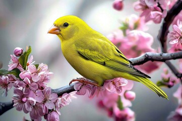 A vibrant canary perched in a stunning spring landscape.