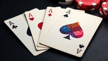 Obraz premium Four aces fanned out, showcasing card backs and fronts , card game, background, hearts