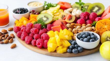 Plant based diet for sustainability meal. A vibrant fruit platter featuring assorted berries, tropical fruits, nuts, and a refreshing drink, perfect for healthy snacking or entertaining.