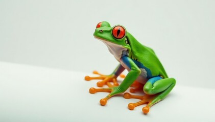 Obraz premium Green tree frog perched on white, vibrant colors, exotic, amphibian