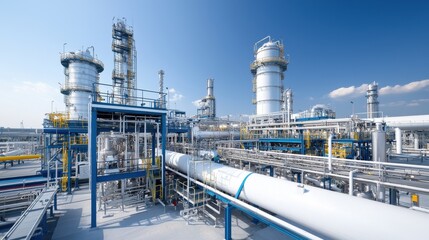 Obraz premium Sprawling and complex industrial chemical refinery plant with numerous interconnected towers pipes and storage tanks