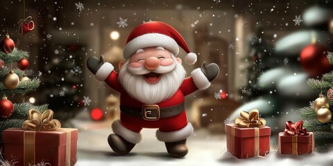 Cartoon Santa Claus delivering gifts in a festive banner.