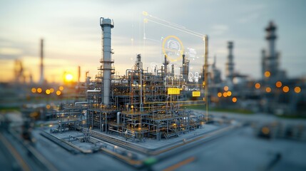 Fototapeta premium A large scale industrial refinery complex featuring an array of towering structures pipes storage tanks and other against the backdrop of a colorful sunset sky