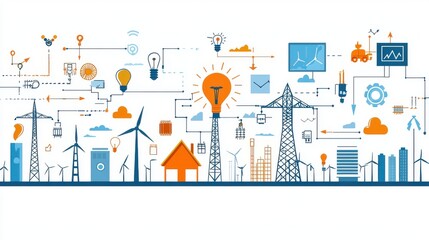 A vibrant and interconnected landscape showcasing various elements of technology engineering and infrastructure including renewable energy sources communication networks and data driven solutions