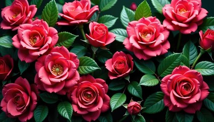 Fototapeta premium Intricate repeating rose blooms, lush green leaves , classic, soft, rose