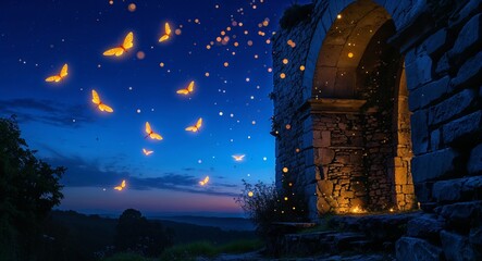 Midnight blue skies fireflies fluttering around old stone arches soft whispers of the past