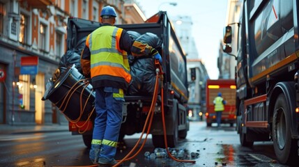 Street sanitation worker emptying trash containers into sanitation vehicle