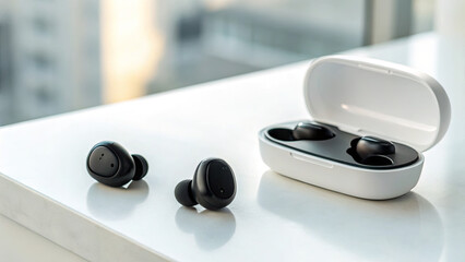 Wireless earbuds placed on clean white surface with minimalist design, modern technology and premium audio accessories for music lovers. Contemporary style and sleek product concept.
