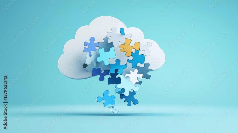 Poster puzzle pieces forming cloud, representing complexity of cloud computing.