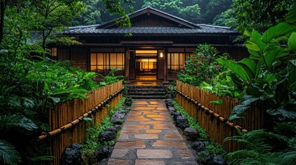 Obraz premium Tranquil Japanese-style house in lush garden, pathway leads to entrance