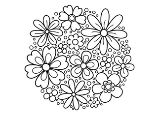 Fototapeta premium flowers doodle , thick black outlines for coloring book coloring page doodle art in white background. flower in circle. 