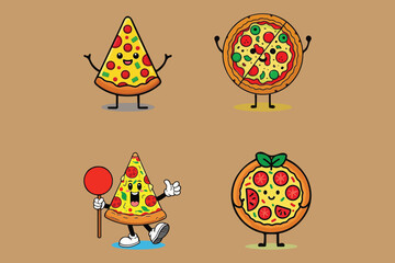 Naklejka premium Animated Pizza Slice Characters: Four Retro-Style Illustrations with Chef Hats and Expressions