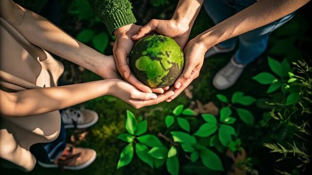 Hands holding a green earth globe with visible continents and foliage in a natural setting outdoors