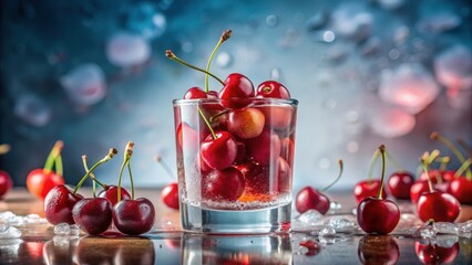 A Refreshing Glass of Cherries with Icy Cubes and a Sparkling Background