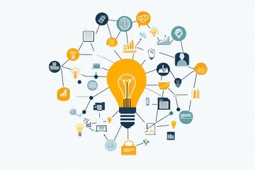 A dynamic illustration of an interconnected web of business ideas and plans, each represented by a unique icon, showcasing the complexity of entrepreneurship.