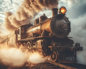 Vintage Steam Train Sunset Journey.